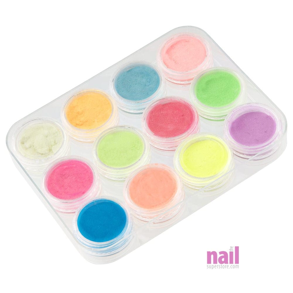 Glow in Dark Nail Pigment Powder | Pack #1 - Pack 12-color glow-in-the-dark nail pigment powder set in jars with organizer tray