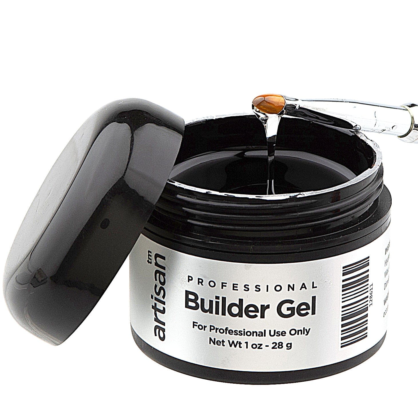 Black jar of Artisan Professional Builder Gel with a gel brush on a white background
