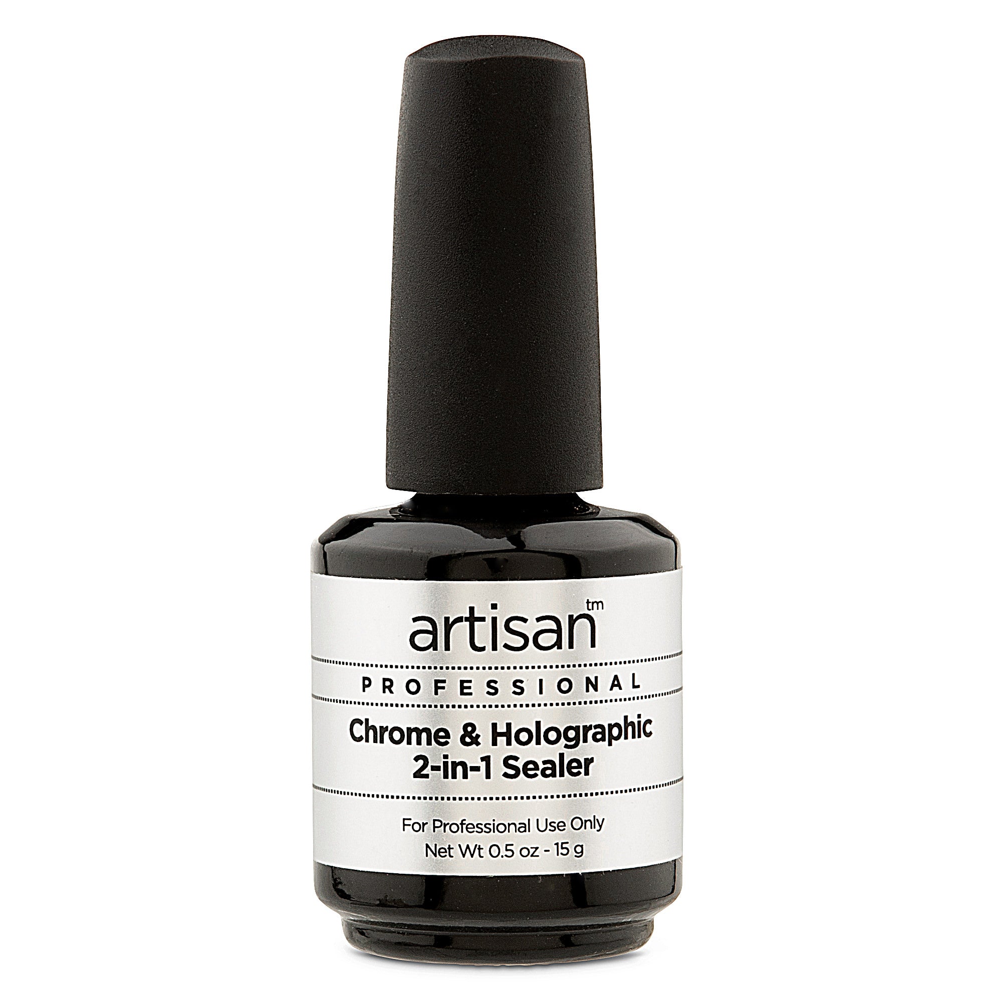 Bottle of Artisan Professional Chrome & Holographic 2-in-1 Sealer on a white background