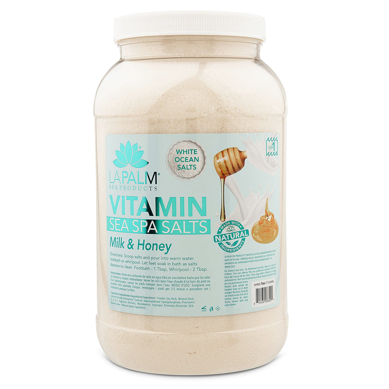 Alt Tag: La Palm - Pedicure Sea Salts | Milk & Honey - Gallon sea spa salts jar for salon pedicure soak with aloe vera and vitamin E