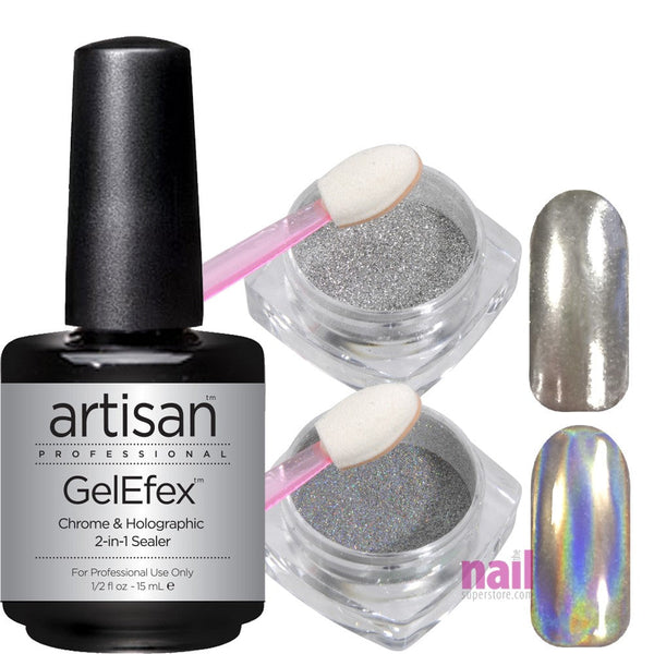 Mirror Chrome Nail Powder + Holographic Pigment + 2-in-1 Top & Base Coat | Showstopper Trio - Kit