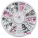 Alt Tag: Nail Art Rhinestones | Sparkling Crystal - Each mixed-size pink and silver crystal nail gems in organized wheel for 3D nail art
