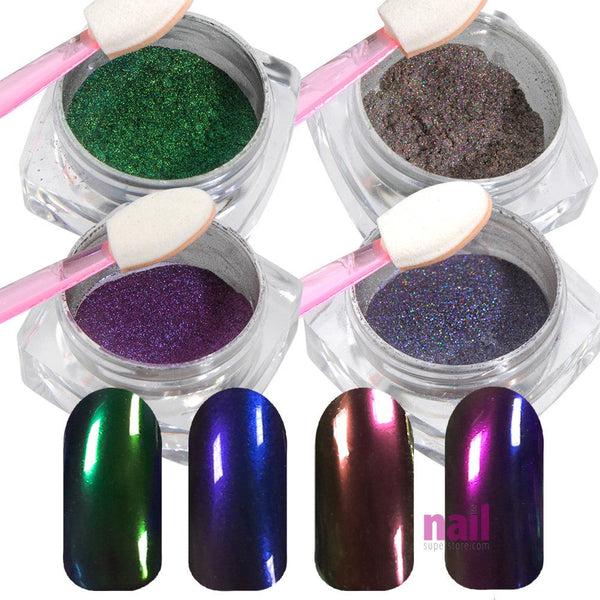 Mirror Chrome Nail Powder 4 pcs | Metamorphosis Pigment for Brilliant Shine Effect – Colors Ablaze Collection - Set
